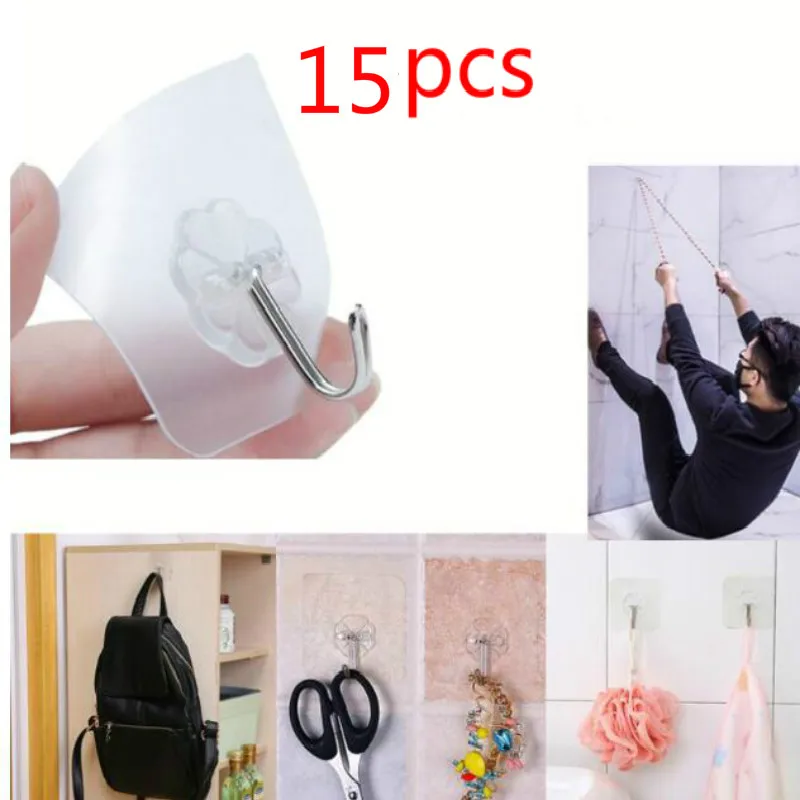 15PCs Transparent Strong Self Adhesive Door Wall Hangers Towel Mop Handbag Holder Hooks For Hanging Kitchen Bathroom Accessories