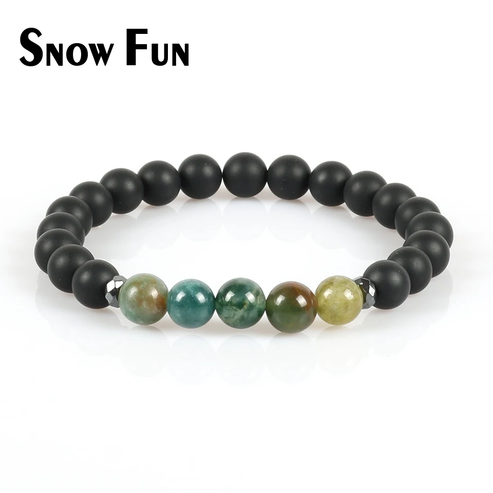 Snow Fun 8mm Black Agate and Indian Beads Bracelets Jewelry with Matte Hematite Spacers for Men | Украшения и аксессуары