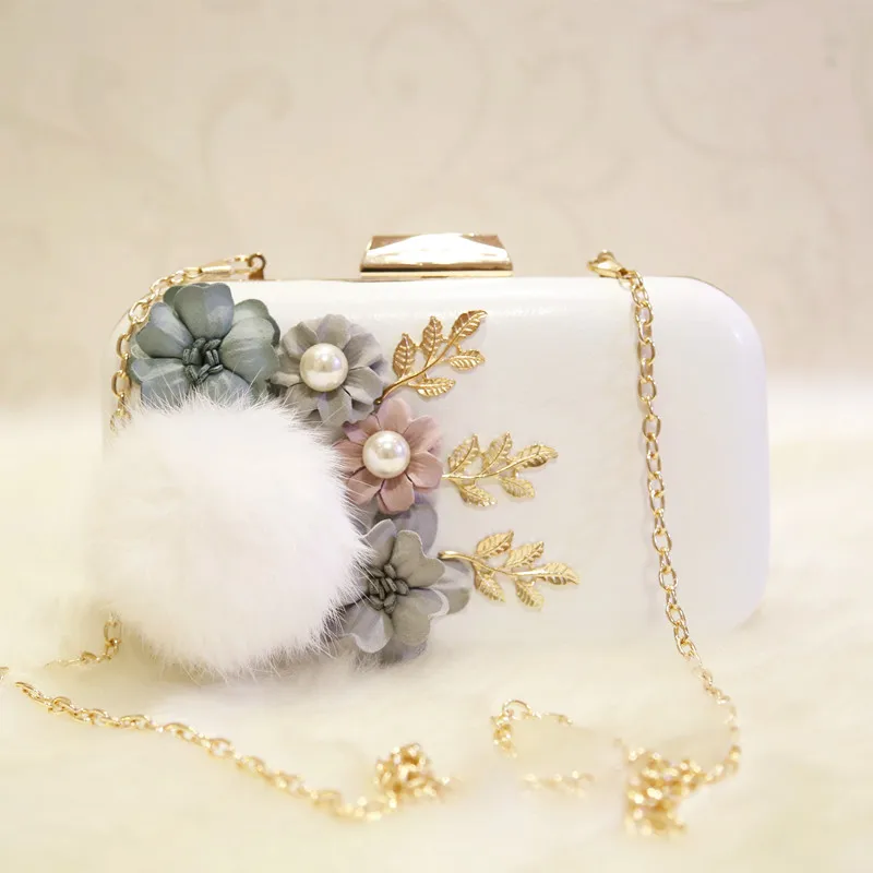 

Elegant Ladies Flower Fur Ball Evening Clutch Bag with Chain Shoulder Tote Bag Women's Handbags Purse Wallet for Wedding