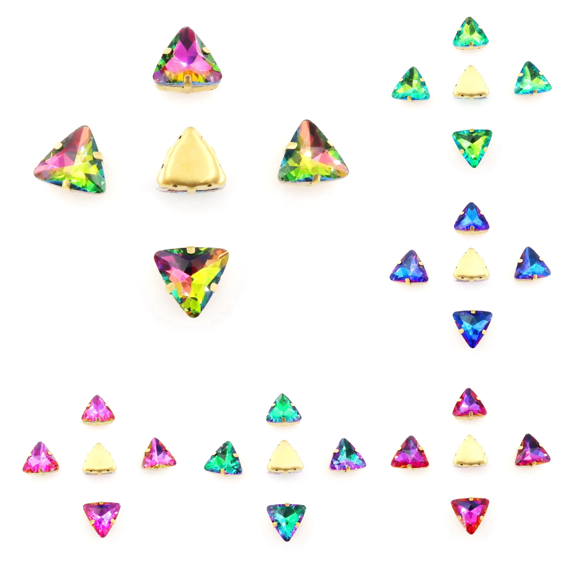 

10 pcs/Pack rainbow color glass Crystal gold claw settings 18mm triangle shape Sew on rhinestone Crystals applique clothes diy
