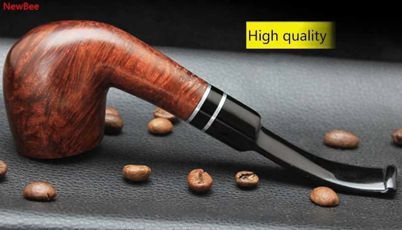 9 imported briar wood tobacco pipe with double metal ring deco bent saddle mouthpiece 9mm carbon filter men smoking pipe