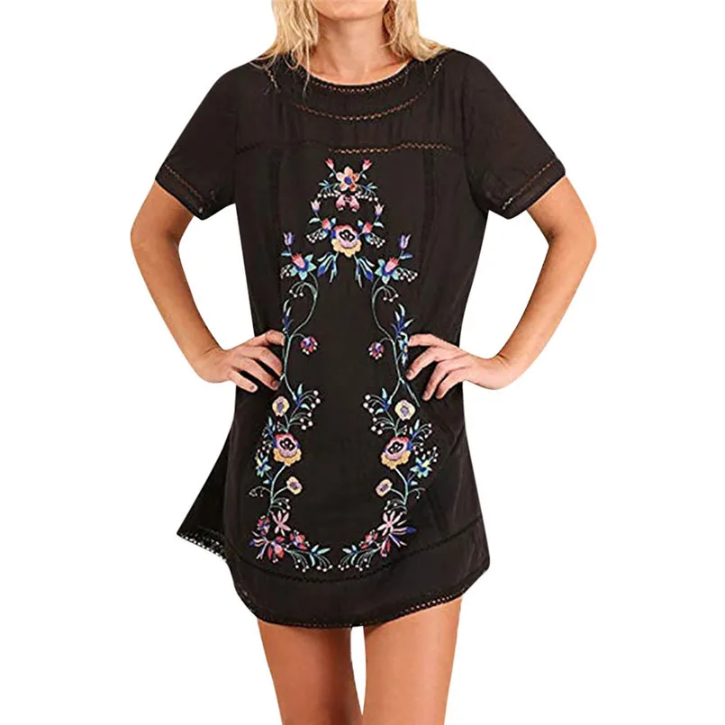 New Women Summer Sexy Bohemian Embroidered Short Sleeve Blouse Tops Fashion Blouse Vintage Casual Daily Elegant Shirt #4R02 (2)