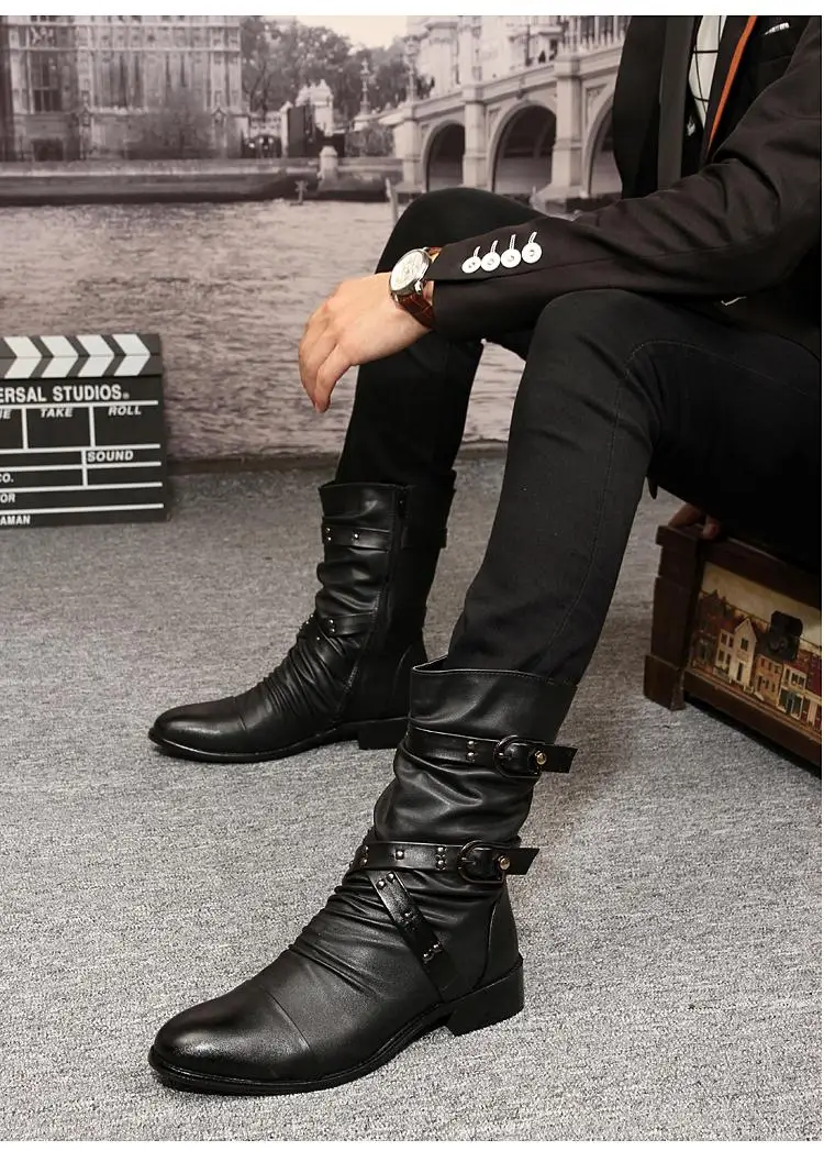 Ботинки из натуральной кожи высокого качества; мужские Универсальные ботинки в байкерском стиле; черные ботинки до середины икры в стиле панк-рок; botas hombre
