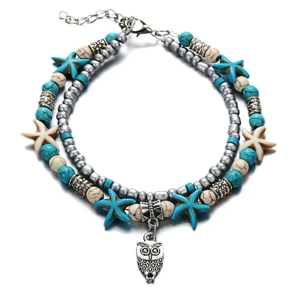 

Owl Blue Starfish Anklet Multilayer Charm Beads Sea Handmade Boho Anklet Foot Jewelry for Women