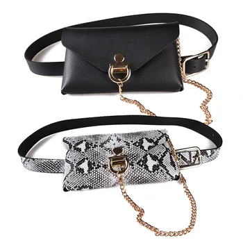 

2019 New Women Snake Skin Print Waist Bag Fashion Ladies Chain Envelope Shoulder Bags Belt Leather Serpentine Fanny Pack Black