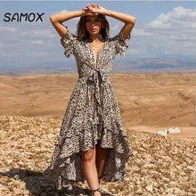 JSMY 2019 New Summer Fashion Women Leopard Printing V-neck Bow Irregular Swallowtail Chiffon Dress