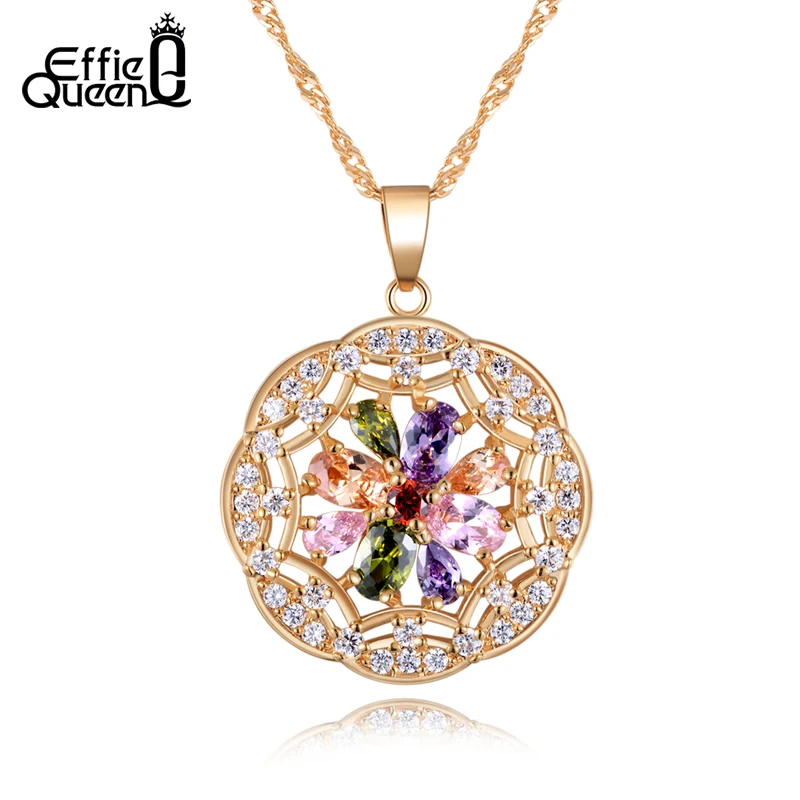 

Effie Queen New Arrival Women Vintage Beautiful Flower Necklace Jewelry Colorful Zircon Crystal Pendant Necklaces DDN04