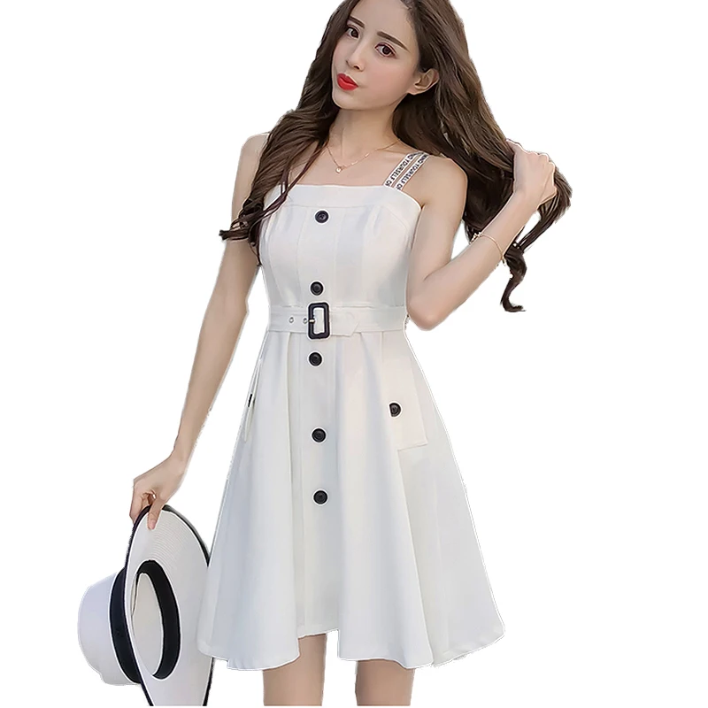 2018 Fashion White Party Dress Summer Spaghetti Strap Button Long