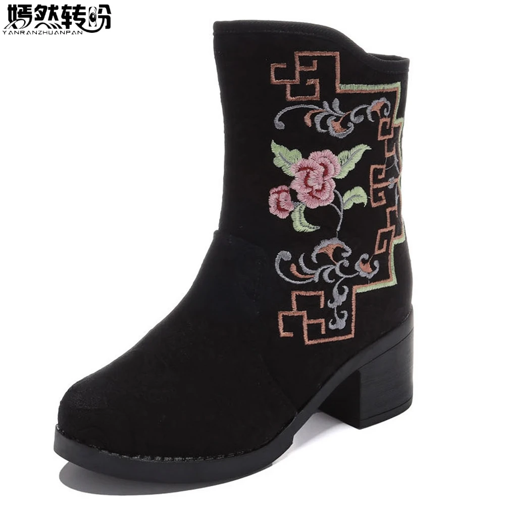 

Vintage Synthetic Suede Women Embroidered Short Ankle Chunky Boots Autumn Winter Retro Ladies Comfort Block Heel Booties Shoes