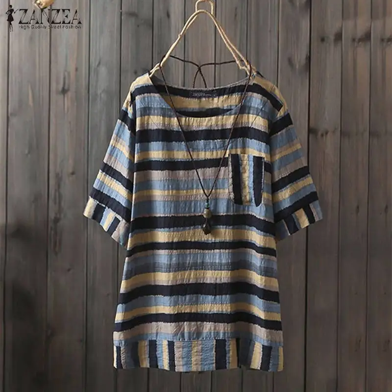 

ZANZEA Plus Size Women's Striped Shirts Blouses Casual Cotton Linen Tops 2019 Summer Vintage Print Tunic Tops Blusa Feminina 5XL