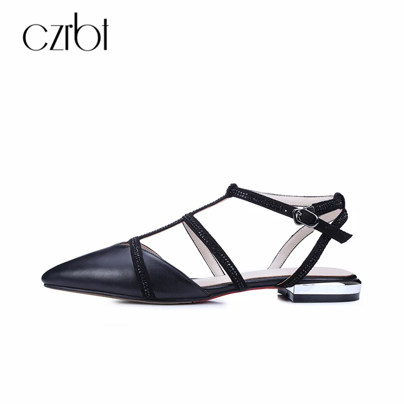 

CZRBT Summer 2018 New Women's Flats Slingbacks Sandals Handmade Genuine Leather Crystal Pointed Toe Plus Size 33-43