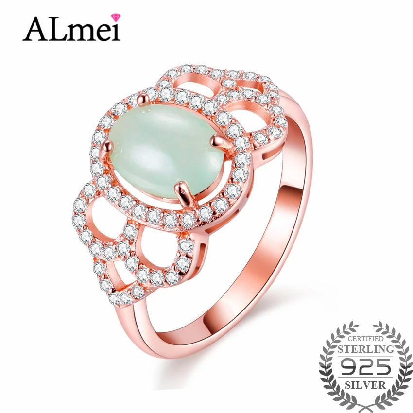 

Almei 2ct Real Silver 925 Wedding Rings Element Jade Rose Gold Color Green Zircon Fine Jewelry for Women with Box 40% FJ021