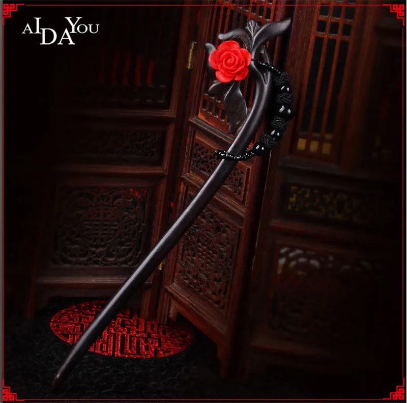 

Women Vintage Natural ebony Wooden Hair Accessories Sticks chinese Wedding floral Hairpins for cheongsam stage gifts acc586