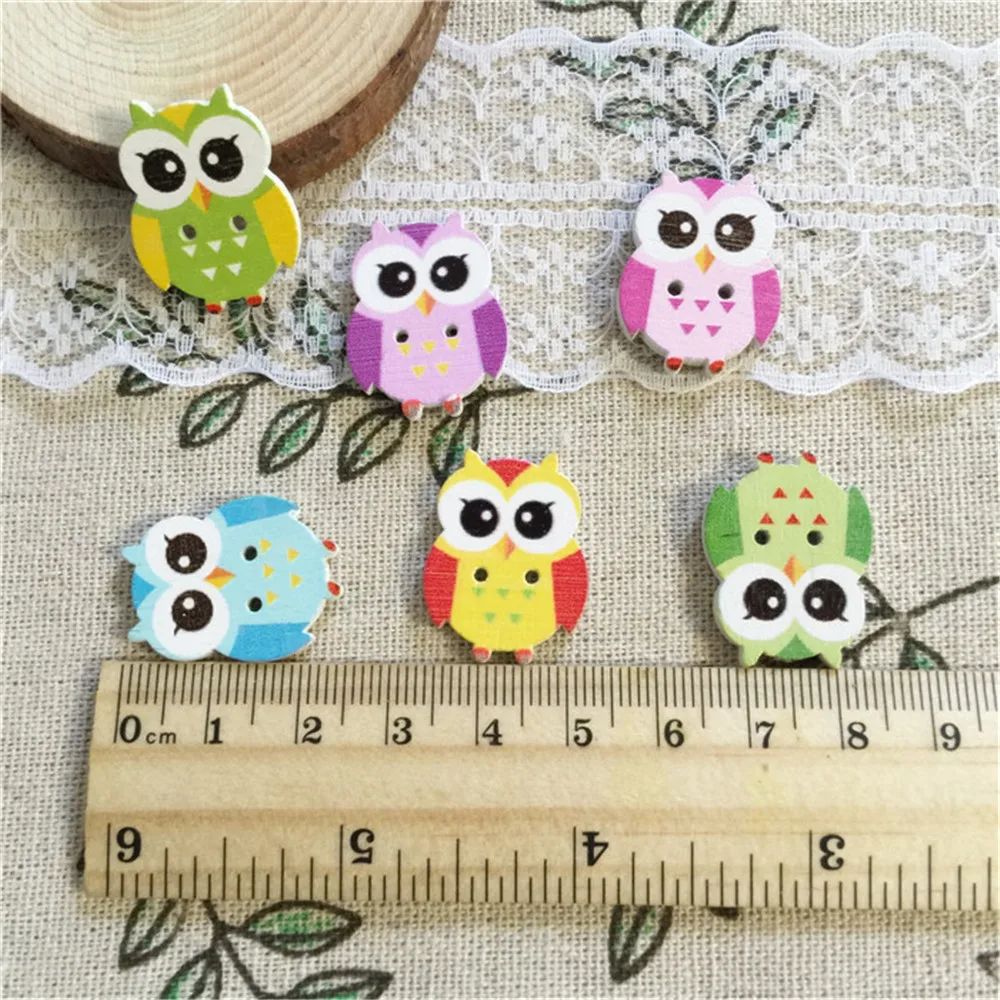 100pcs 19*25mm Cute Owls Shape Wood Buttons Multi 2 Holes Cartoon