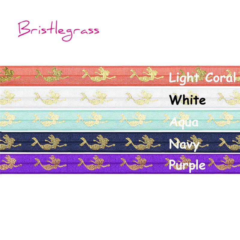 

BRISTLEGRASS Wholesale 50 Yard 5/8" 15mm Mermaid Foil Print Shiny Fold Over Elastics FOE Spandex Bands Headband Dress DIY Sewing