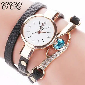 

CCQ Brand Watch Women Luxury Gold Eye Gemstone Dress Watches Women Gold Bracelet Watch Female Leather Quartz Wristwatchess
