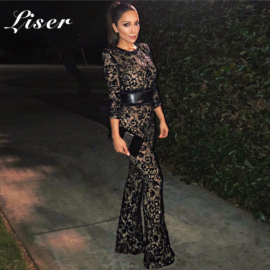 

Liser 2019 New Summer Women Jumpsuits Sequined Sashes Bandage Jumpuits Sexy Bodycon Evening Party Black White Jumpsuit Vestidos