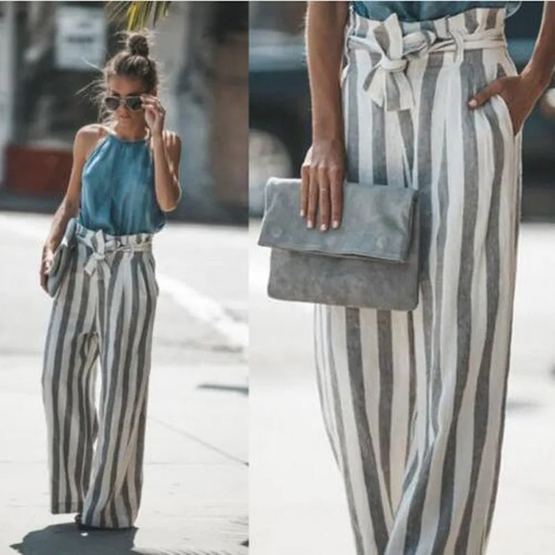 

2019 Striped slacks, wide-leg pants, high-waisted pants for women in