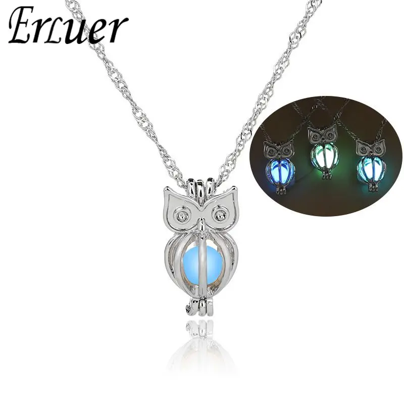 

ERLUER Lovely Owl Luminous Pendant Necklaces For Women Bead Glow In The Dark Silver Plated Fashion Necklace Halloween gift