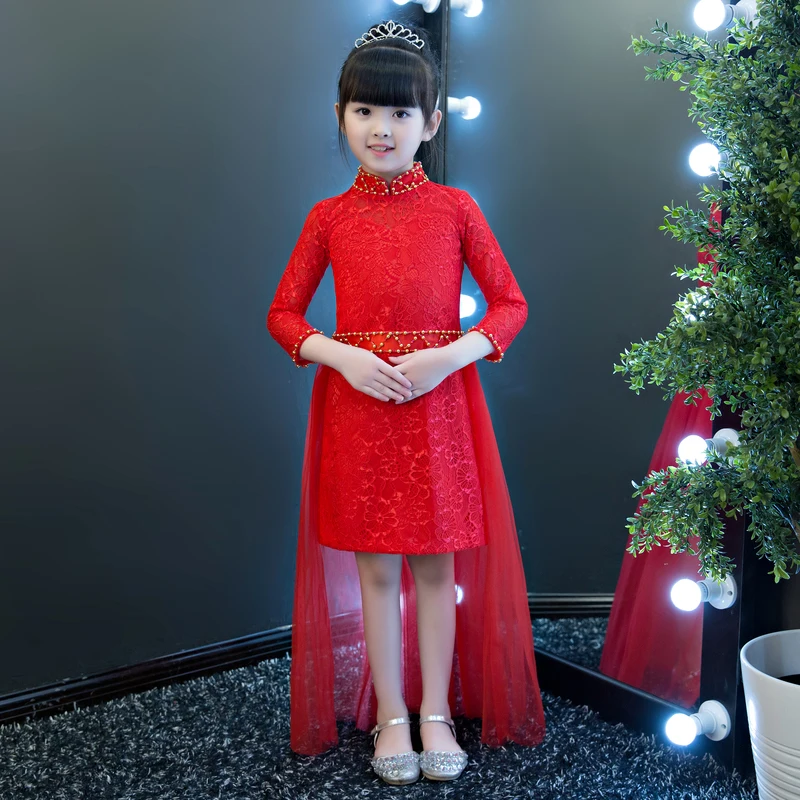 Free shipping New Red Chinese Style costume baby Kid Child Girls Cheongsam Lace Dress Qipao straight Princess Birthday Dress Free shipping New Red Chinese Style costume baby Kid Child Girls Cheongsam Lace Dress Qipao straight Princess Birthday Dress