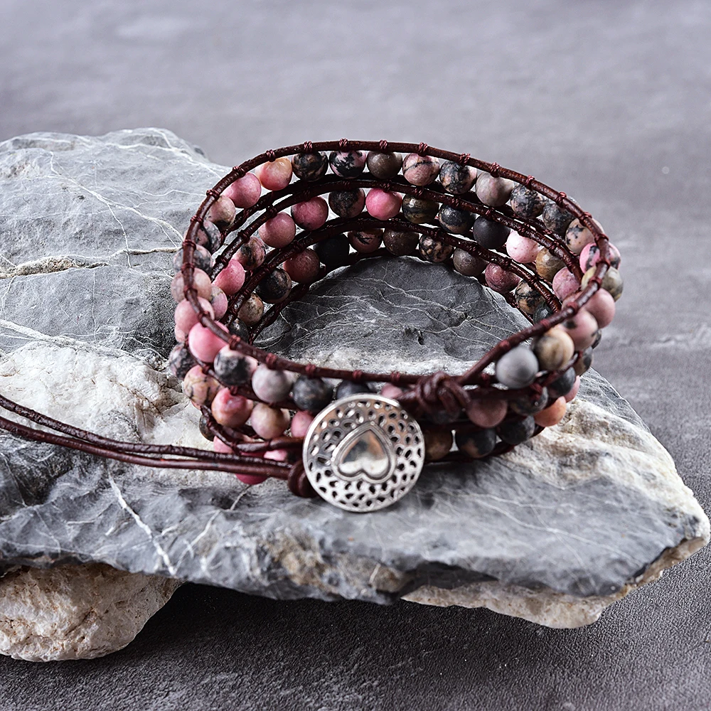 

Asingeloo Black Line Red Stone Beads Charm 3 Strand Wrap Leather Boho Jewelry Bracelelts for Women Holiday Bracelet
