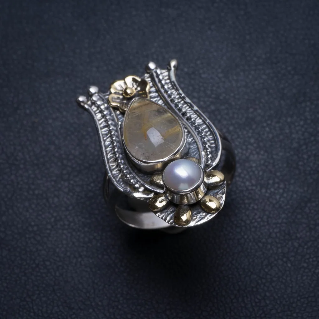 

Natural Two Tones Rutilated Quartz and River Pearl Handmade 925 Sterling Silver Ring, size 8 T5639