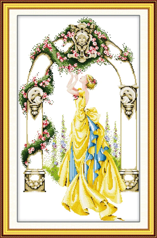 

Rose in gate and courtyard cross stitch kit beauty people 14ct 11ct count printed canvas embroidery DIY handmade needlework