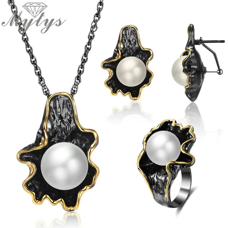 Cena Mytys Big Pearl Black Gun Jewelry Sets kobiety kolczyki naszyjnik zestaw pierścieni Pearl Leaf Design złoty drut ramki Vintage szlachetna biżuteria