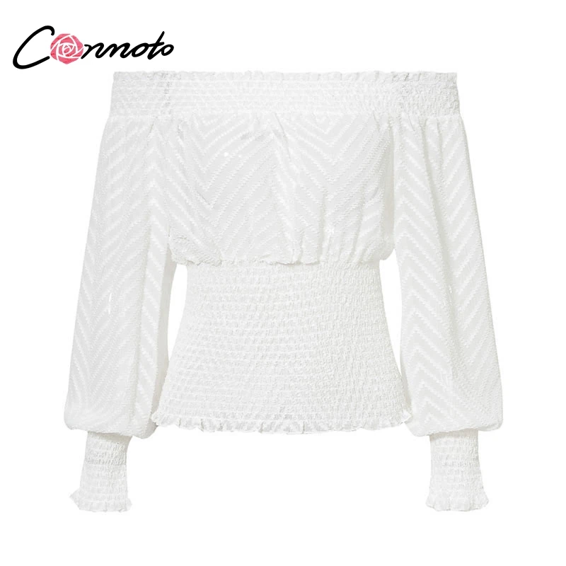 Conmoto Шифоновая блузка с откытыми плечами, белые топы из эластичного материала, топы с воланами, белая блузка-сетка, рубашка с рукавами-фонариками