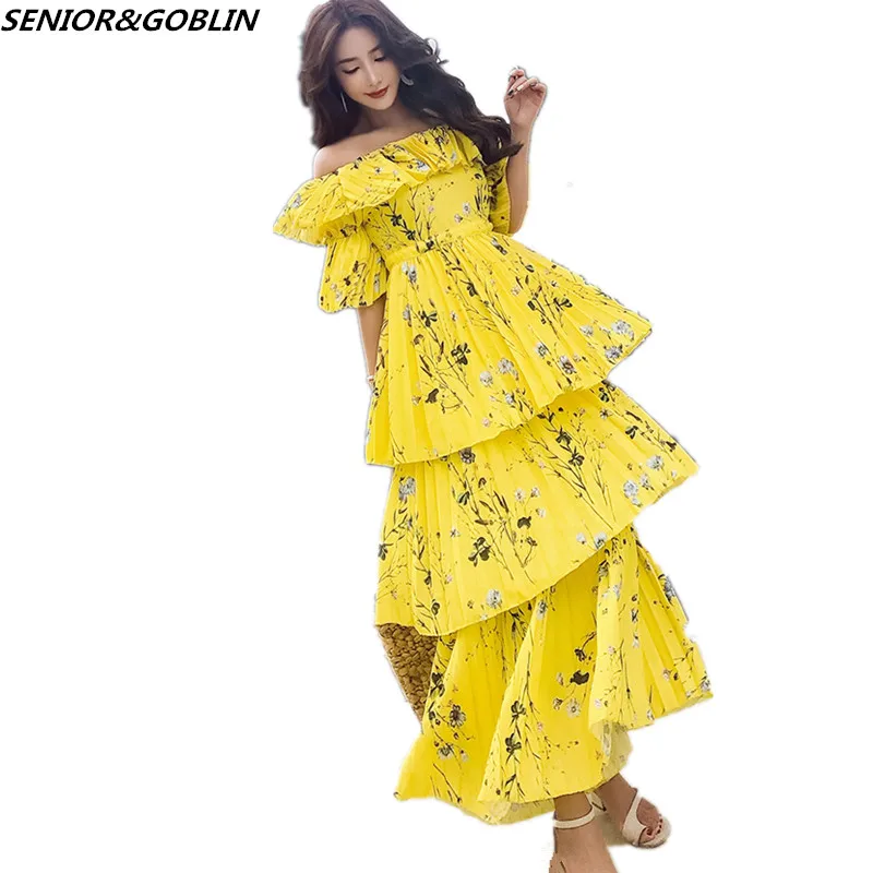 

2019 New Arrive Summer Self Portrait Women Runway Sexy Yellow Dress Ruffle Pleated Printing Off The Shoulder Bohemian Long Dress