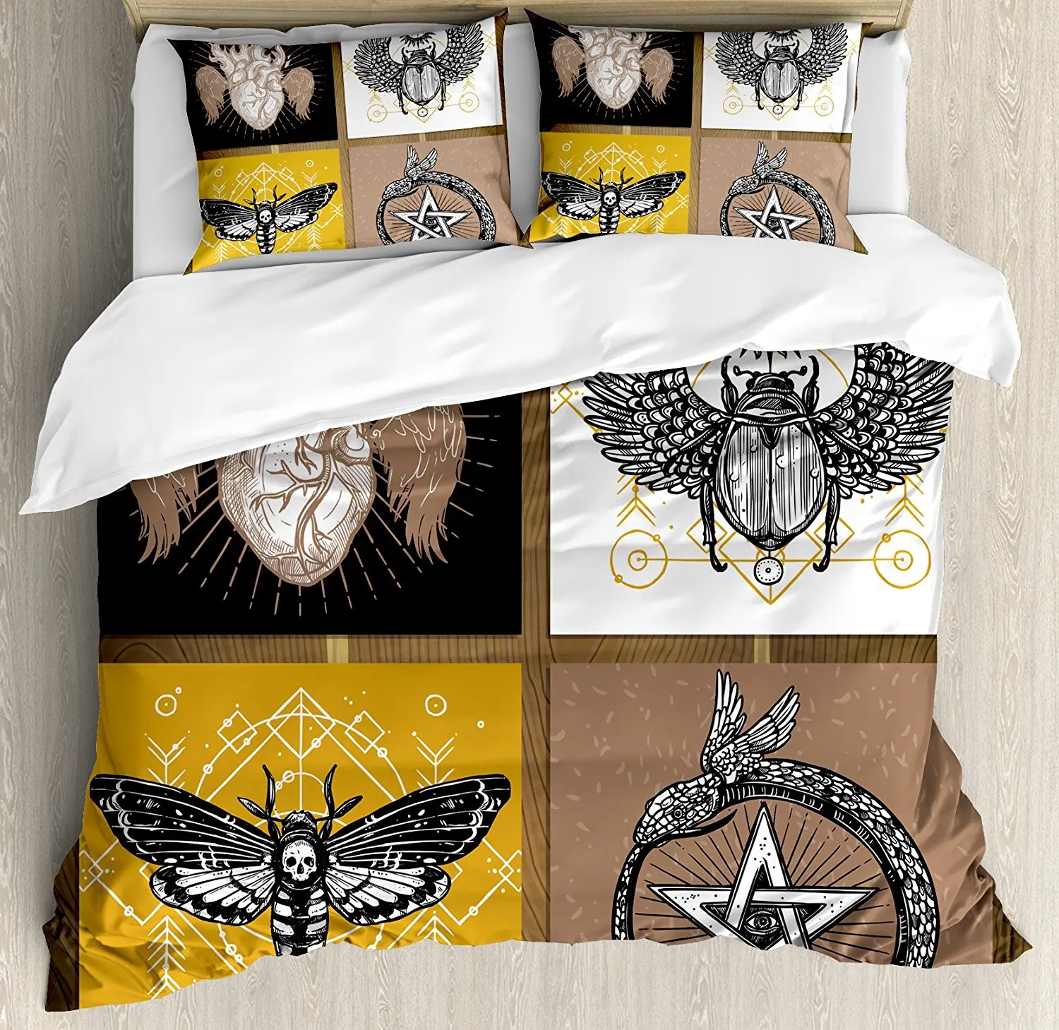 

Duvet Cover Set Authentic Occult Themed Insects Print Forces of Nature and Mother Earth Boho Line 4 Piece Bedding Set