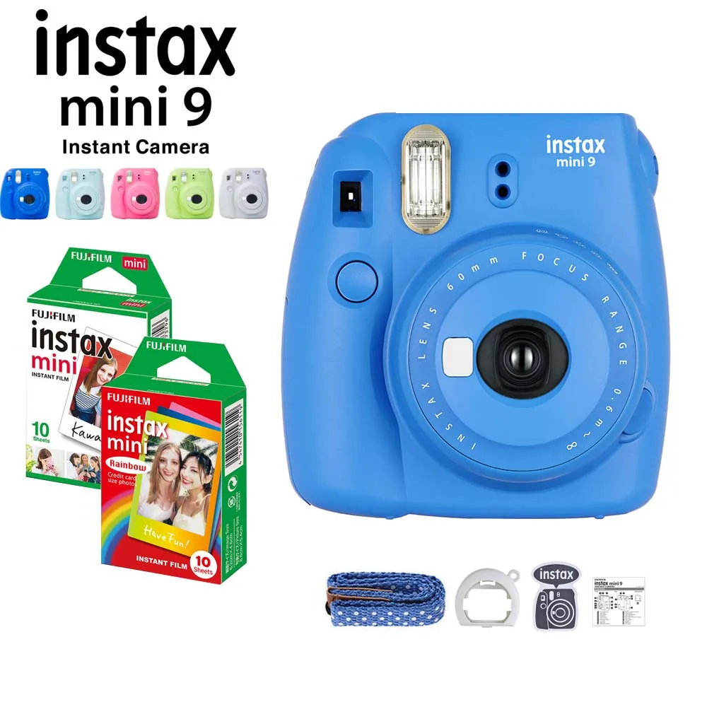 5 цветов Fujifilm Instax Mini 9 мгновенная камера+ Fuji Instax Мини пленка белый/Радуга 20 шт фотобумага+ крупным планом объектив+ ремешок - Цвет: Cobalt Blue Set