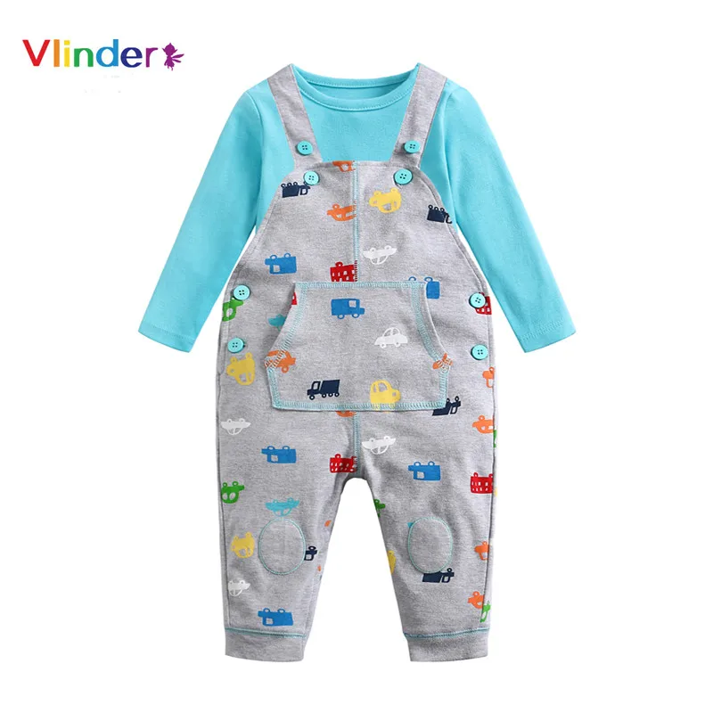 

Vlinder 2018 New Style Newborn Baby Boy Spring Car Print Long Sleeves Babysoft T Shirt Suspender Pants 2pcs Cotton Infant Sets