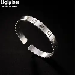 Uglyless 100% реальные 999 чистого серебра ритуальные браслеты для Для женщин ручной резной шесть слов Буддизм открыть браслет с волнистой