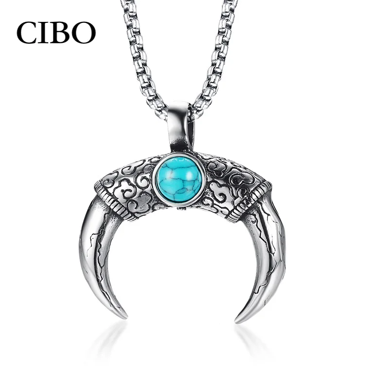 Double Sides Wear Horns Pendant for Men Necklace Natural Stone Clouds Texture Stainless Steel Male Punk Colar Free Chain | Украшения и