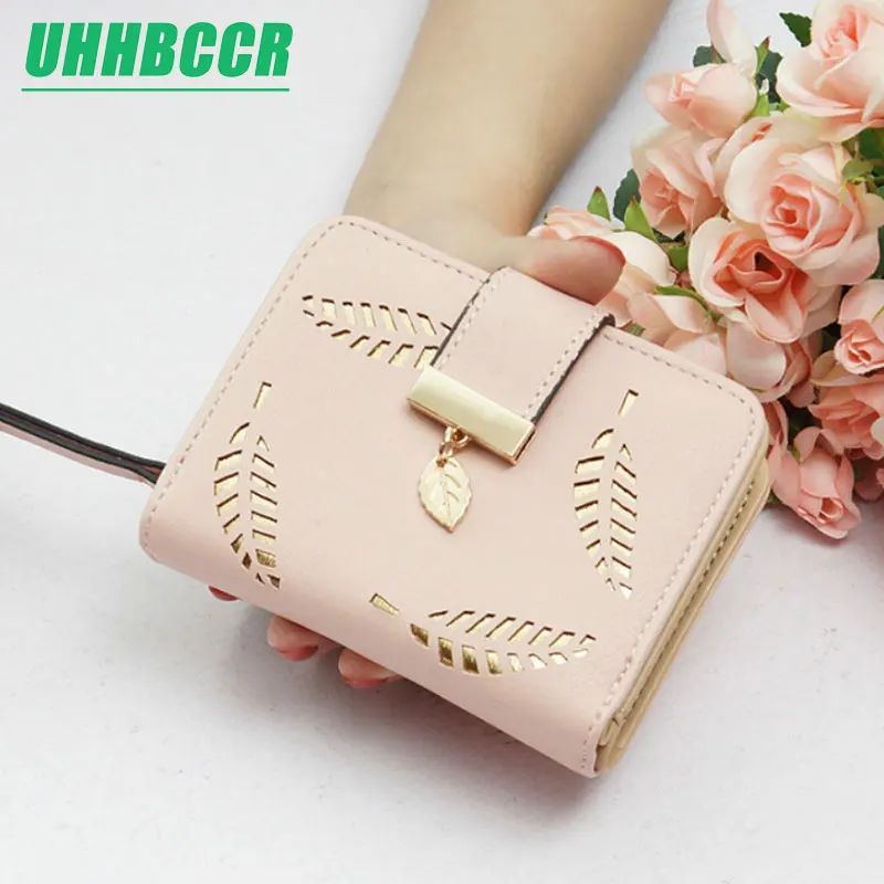 

New Women Wallets Short Wallet Ladies Zipper Buckle Hollow Leaf Purse Wallet Female Women Zipper Purse Card Holder Cartera Mujer