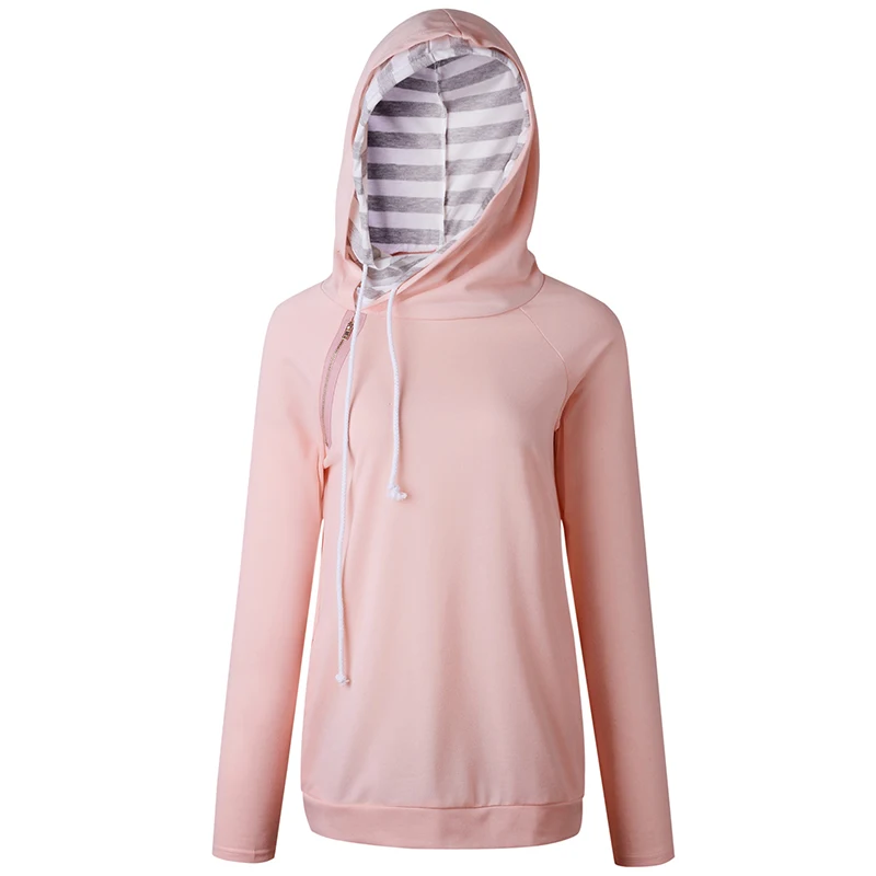 Double Hood Hooded Sweatshirt Women 2018 Zipper Pullover Sweatshirts