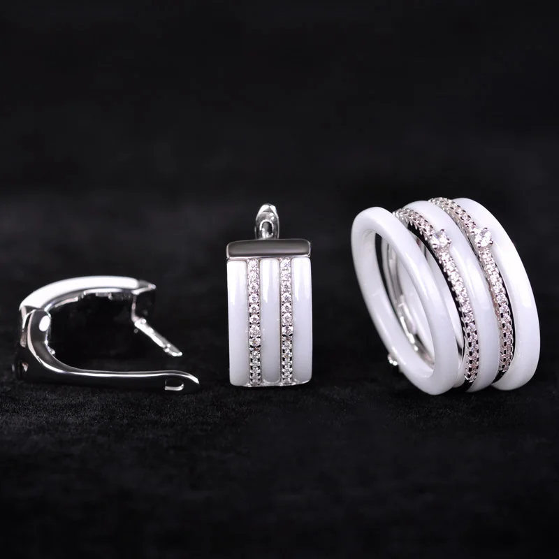 Blucome Luxury Ceramic Jewelry Sets Earrings rings for Women CZ Zircon White Rhinestones Copper Aretes Bridal