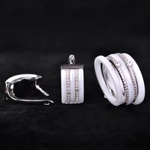 Blucome Luxury Ceramic Jewelry Sets Earrings rings for Women CZ Zircon White Rhinestones Copper Aretes Bridal Wedding Schmuck