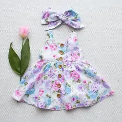 Платье с цветочным рисунком для маленьких девочек летнее праздничное платье принцессы без рукавов с u-образным вырезом и пуговицами +