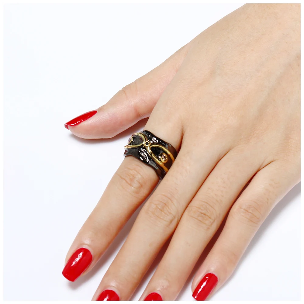 DreamCarnival 1989 Unique Women Wide Band Type Infinity CZ Bezel Set Black Gold Color Party Style Ring Gothic Jewelry ZR14176