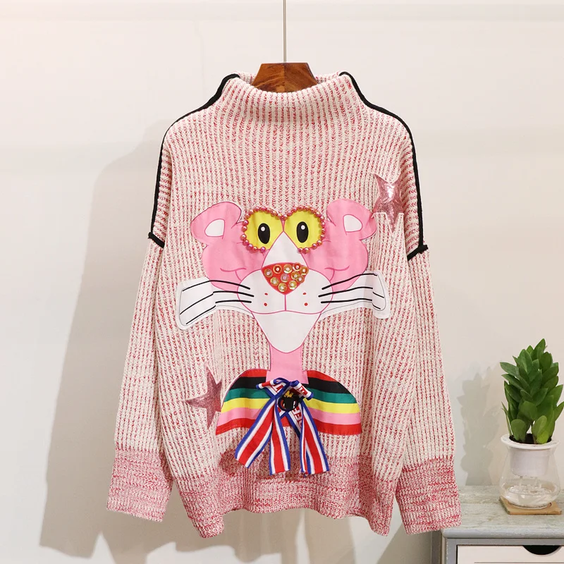 

2018 New Fashion Autumn and Winter Women's Cartoon Bead High Collar Loose Knit Sweater Female Casual Knitwear Coats