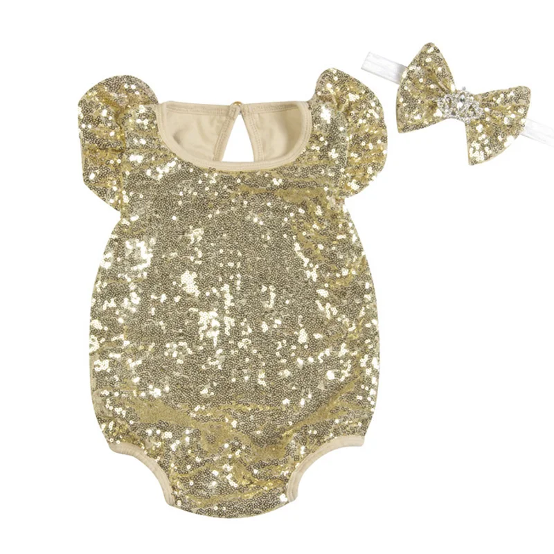 Детские комбинезоны из 2 предметов(комбинезон+ повязка на голову), Одежда для новорожденных с Блестками одежда для маленьких девочек комбинезоны для малышей, милый комплект одежды для малышей