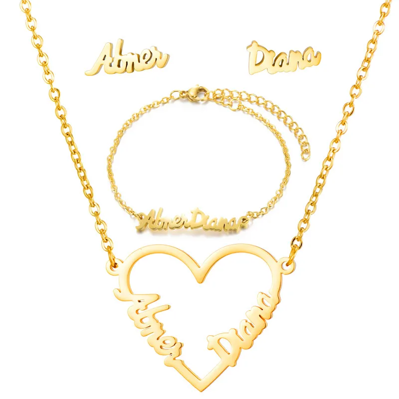 

Heart Custom Name Necklace Sets Personalized Jewelry Sets Rose Gold Stainless Steel 2 Names Nameplate Choker Jewelry For Women