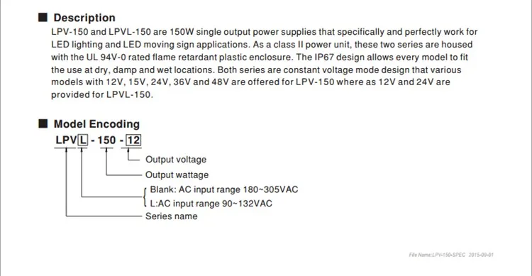 100-240Vac к 24VDC, 150 Вт, 24V6. 3A IP67 блок питания ul, открытый светодио дный свет, светодио дный вывески водонепроницаемый водитель, LPV-150-24