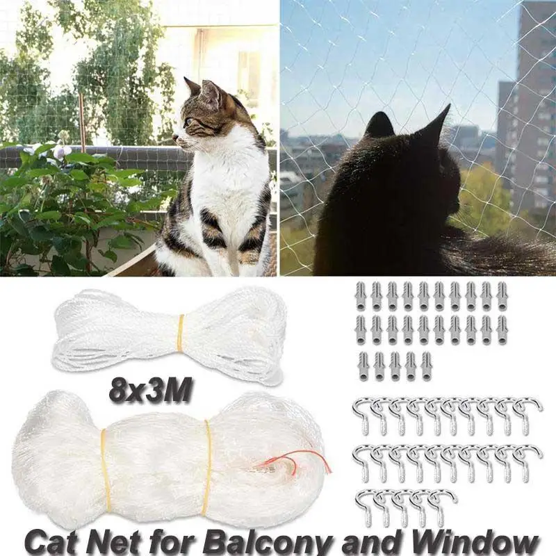 

Cat Net for Balcony & Window (Translucent) | Extra large 8x3m cat protection net without drilling | Balcony protection Incl. 25m