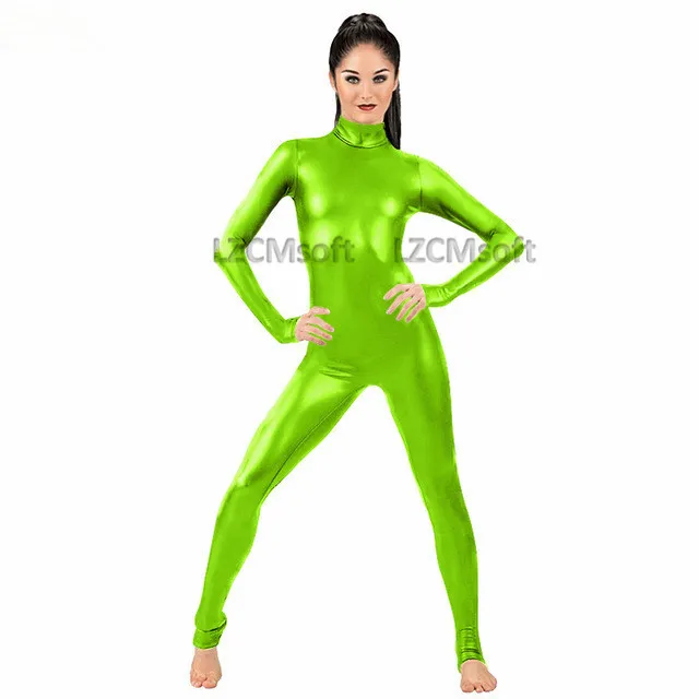 Женский длинный рукав черный комбинезон боди полный тело гимнастика танец трико лайкра костюм зентай из спандекса танцевальная одежда косплей костюм - Цвет: Lemon Green