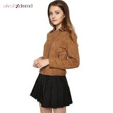 AKSLXDMMD Новая модная женская замшевая мотоциклетная куртка Тонкий коричневый полный подкладка мягкий кожзаменитель Женское пальто Veste Femme YR085