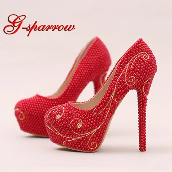 

Newest Designer Red Wedding Shoes Imitation Pearl with Gold Rhinestone Bridal Dress Shoes Gorgeous Adult Ceremony Pumps