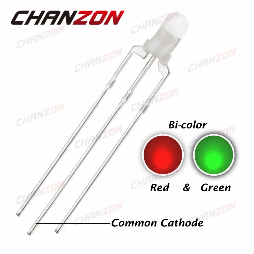 

CHANZON 100pcs LED 3mm Diffused Common Cathode Green And Red 3 Pin Round 3 mm Bi-Color LED Through Hole Light-Emitting Diode